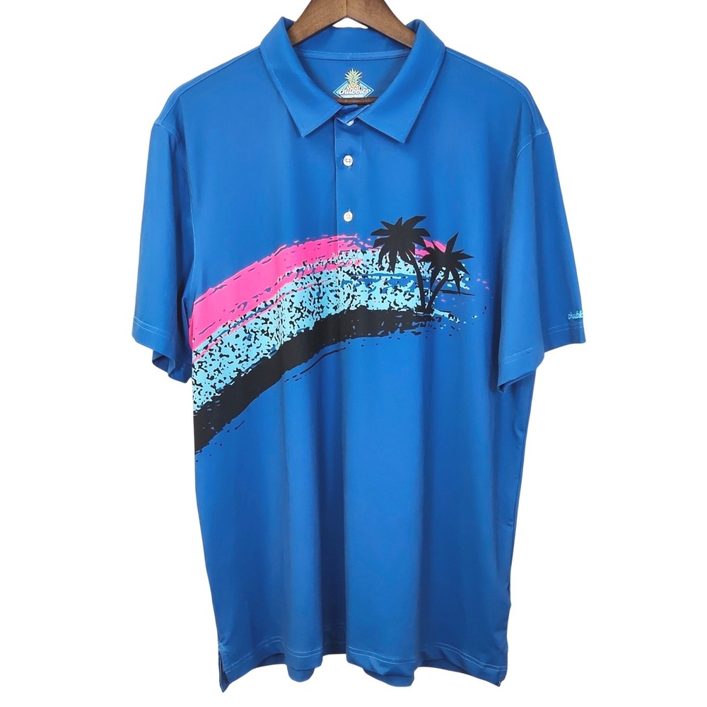 Chubbies Performance Polo‎ Shirt Mens XL Blue Neon Tropical Palm Tree Retro Golf